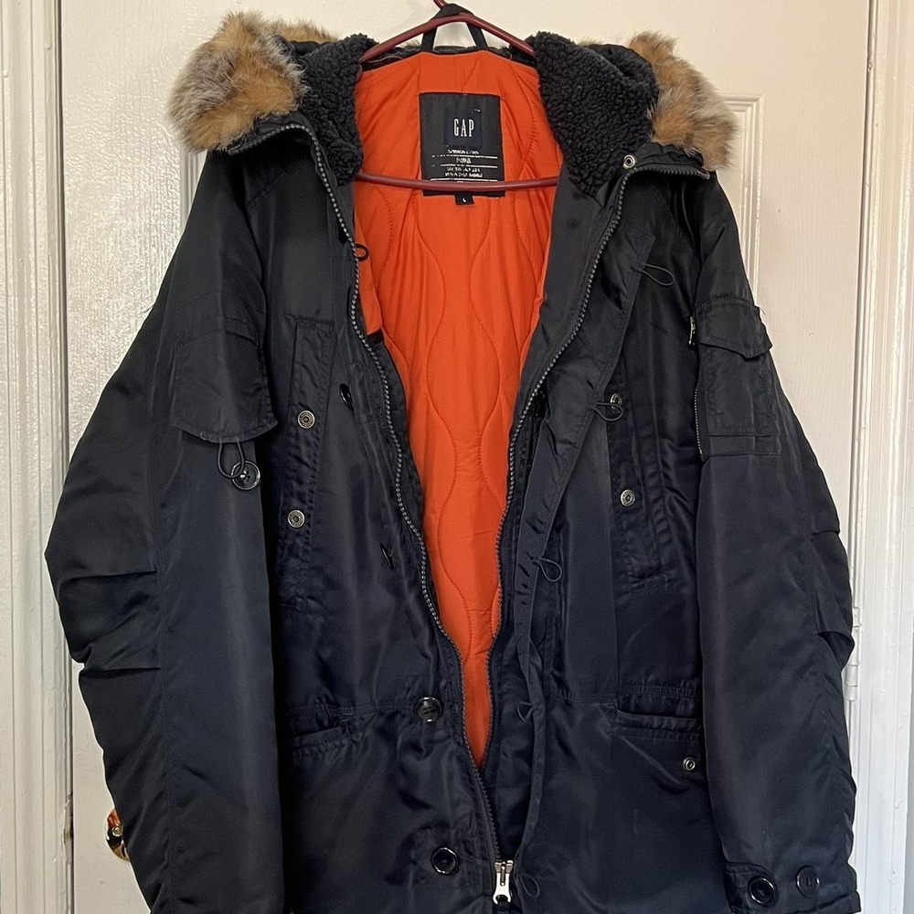 Vintage GAP Men's Navy Jacket with Orange Lining SZ S